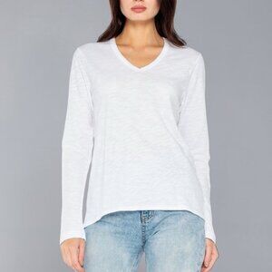 WILT sz S Shrunken Boyfriend White Long Sleeve V-neck Tunic Top Made in USA